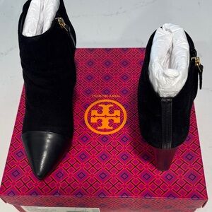 Tory Burch Black Suede & Leather Pointed Toe Ankle Booties